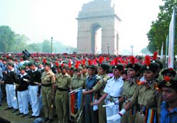 NCC cadets take pledge at India Gate as a mark of respect to those who laid down their lives for the country, in the Capital on Sunday.