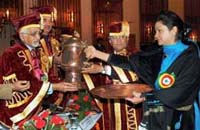 Vice-President Hamid Ansari and Chief Minister Ghulam Nabi Azad being presented with samawara by vice-chancellor Anwar Alam at the convocation of Sher-e-Kashmir University of Agricultural Sciences and Technology in Srinagar on Sunday.