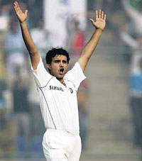 Sourav Ganguly celebrates the dismissal of Pakistans Misbah-ul-Haq on the fourth day of the first Test at the Ferozeshah Kotla ground in New Delhi on Sunday.