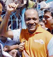 Brian Lara arrives for a practice match at the Mahalakshmi Railway ground in Mumbai on Sunday. 