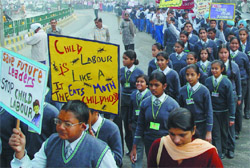 Students take part in an awareness rally against child labour in Bathinda