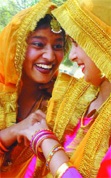 Girls getting ready for the performance at the annual day celebrations of the Army School in Bathinda.