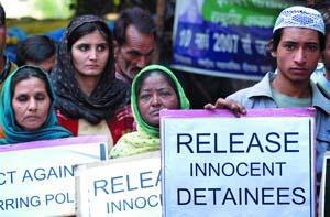 Muslim activists stage a dharna under the banner of the Jamia Nagar Coordination Committee to protest against the Delhi Polices alleged desecration of the Koran at Jamia Nagar, Okhla, at Jantar Mantar in the Capital on Wednesday.