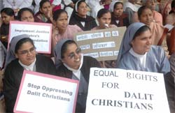 Activists of the National Co-ordination Committee for Dalit Christians (NCCDC) and Catholic Bishops of India (CBCI) stage a dharna, demanding justice for Dalit Christians at Jantar Mantar in the Capital on Thursday. 