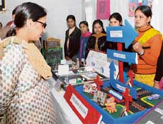 Karnal MLA Sumita Singh goes around a science exhibition at Government PG College in Karnal on Thursday.