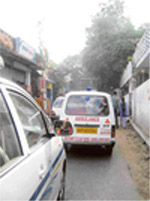 An ambulance carrying a patient held up in a political rally led by former transport minister G.S. Bali at Kangra