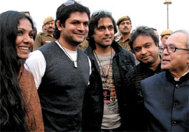 External affairs minister Pranab Mukherjee with SAARC artistes after inaugurating the SAARC BANDS Festival-2007 in the Capital on Friday.