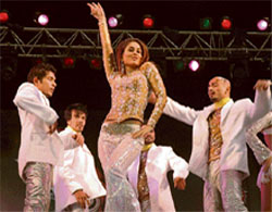 Kareena Kapoor on stage with her troupe at the opening of the Indian Cricket League carnival in Panchkula on Friday.