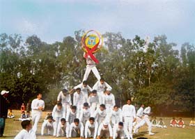 Students of St John’s-26 take part in a drill at the annual athletics meet and drill display competition at the school grounds in Sector 26, Chandigarh