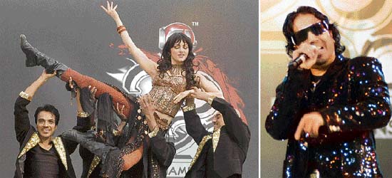 Bollywood star Yana Gupta throws a move during an ICL tie; and (right) Punjabi singer Mika performs at Tau Devi Lal cricket stadium in Panchkula