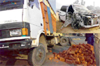 The mangled remains of a car that collided with a truck in Dera Bassi