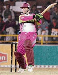 Ian Harvey of the Chennai Superstars hits a shot during their match against Mumbai Champs in the ICL Twenty20 tournament in Panchkula on Monday. 