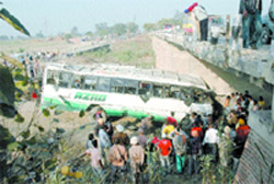 Nearly 35 passengers travelling in a Nakodar-bound private bus were injured when the bus fell off a narrow bridge over the Kali Bein at Kang Sabu village, near Nakodar