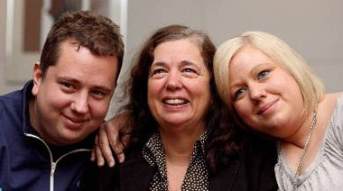 British teacher Gillian Gibbons (centre) with her son John and daughter Jessica at a news conference at Heathrow Airport in London on Tuesday.