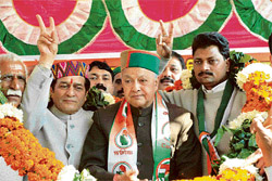 Chief Minister Virbhadra Singh during a rally at Dharmod