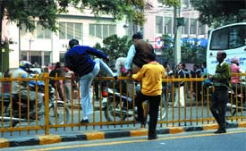 On day 2 of the drive to enforce traffic rules, pedestrians have their way at K.G. Marg in the Capital on Thursday.