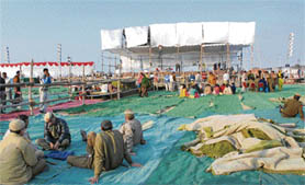A view of the preparations for the Dalit samman rally in the new grain market in Karnal on Saturday.