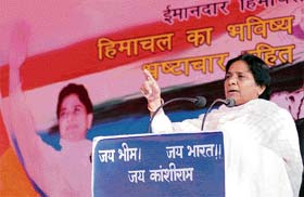 BSP chief Mayawati addresses an election rally at Chaura Maidan in Shimla