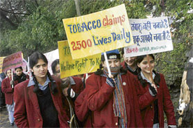 Students take out a march highlighting the ill-effects of tobacco in Shimla on Tuesday.