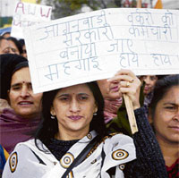 Members of the Aanganwari Workers Association holding a demonstratation in support of their long-pending demands, including early payment of nutrition bill, in Jammu on Wednesday.