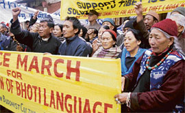 Buddhists from Leh and Ladakh hold a peaceful protest in Jammu on Wednesday.