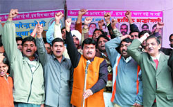 Activists of the Narendra Modi Yuva Brigade demand the execution of Mohammed Afzal Guru, who has been sentenced to death for his involvement in the attack on Parliament six years ago, in the Capital on Thursday.
