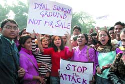 Students of Dayal Singh College protest against the move to pass Metro through their college on Friday.
