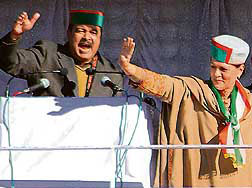 Sonia Gandhi greets Congress supporters during a rally at The Ridge in Shimla on Saturday.