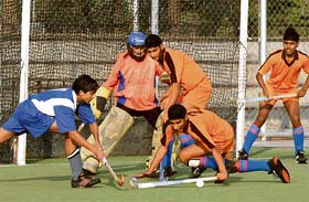 Faridkot and Gurukul Mehta Academy in action during the Punjab Hockey League for boys being organised at Prithipal Singh Memorial Astroturf Stadium in Ludhiana