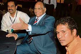 Sachin Tendulkar with BCCI president Sharad Pawar (centre) and chief selector Dilip Vengsarkar during the inauguration of the Mumbai Cricket Associations indoor cricket facility at the Bandra-Kurla Complex in Mumbai