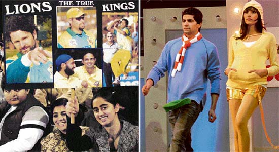 Young woman fans cheer for Chandigarh Lions, and (R) models at a fashion show at a break during the final ICL Twenty20 match in Panchkula