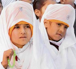 Students of Guru Teg Bahadur Public School take part in the foundation day function of their school in Karnal on Sunday.