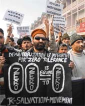 Kashmir Salvation Movement chairman Zaffar Ahmad with other activists during a demonstration in Srinagar on Monday. They were protesting against the alleged human rights violations in the valley.