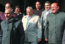 DPCC president Jai Prakash Aggarwal along with party leaders after a meeting with the commissioner of police on the problems of rehari patri and weekly bazaar at the police headquarters in the Capital on Tuesday.