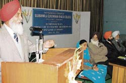 Dr H.S. Shergill addresses a gathering during a symposium at GGN Khalsa College, Ludhiana, on Tuesday.