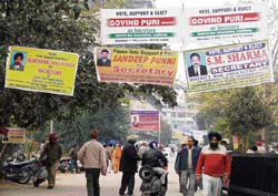 Banners of contestants ahead of the elections to the District Bar Association at the courts complex in Ludhiana.
