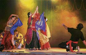 Artistes perform the Kurukshetra main Mahabharat dance drama during the utsav at Purushottam Bagh in Kurukshetra