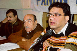 Ajay Chrungoo, chairman of Panun Kashmir, addressing mediapersons in Jammu on Wednesday. 