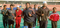 The Chandigarh Dynamos during a practice session at the Hockey Stadium, Sector 42, in Chandigarh on Wednesday.