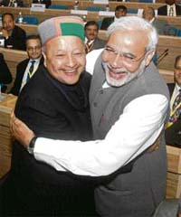 Himachal Pradesh Chief Minister Virbhadra Singh and Chief Minister of Gujarat Narendra Modi during the Chief Ministers' Conference on Internal Security in New Delhi