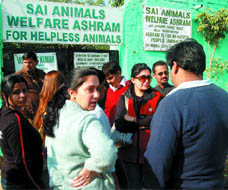 Mediapersons wait outside Sai Animals Welfare Ashram where bodies of two security guards and eight dogs were found in the Capital on Friday.