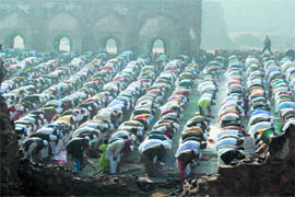 Muslims offer namaz on the occasion of Eid-ul-Zuha at the Feroz Shah Kotla Mosque in the Capital on Friday.
