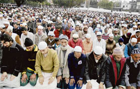 Muslims offering Id prayers at an Eidgah in Jammu on Friday.