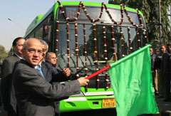 Delhi Chief Secretary Rakesh Mehta flags off 10 low-floor buses from Bapu Dham to Badarpur in the Capital on Saturday.