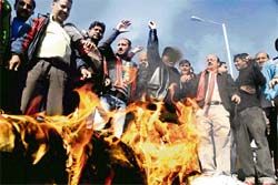 Members of the Kranti Dal protest against cow slaughter on Id at Bikram Chowk in Jammu on Saturday.