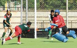 Players of Moga and Muktsar in action during a Punjab Hockey League match in Ludhiana on Saturday.
