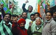 BJP workers in Bathinda celebrating the partys win in Gujarat on Sunday. 
