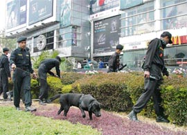 National Security Guard commandos search the premises of shopping malls on MG Road, Gurgaon, following a bomb scare on Sunday.
