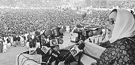 Former Pakistan Prime Minister Benazir Bhutto addresses an election rally in her hometown of Larkana, 480 km from Karachi.