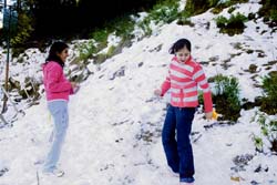 Tourists play with snow at Patnitop, 100 km from Jammu. It attracts thousands of tourists every year.
